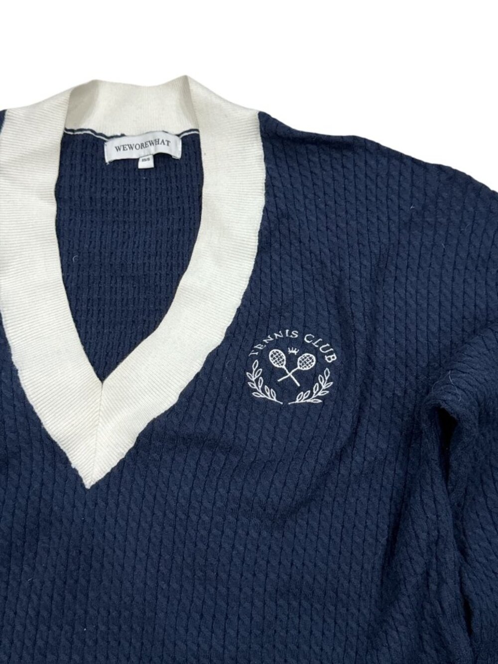 WeWoreWhat Tennis Club Knit Sweater Navy/White XS/S Long Sleeve Pullover V-Neck - Picture 6 of 9